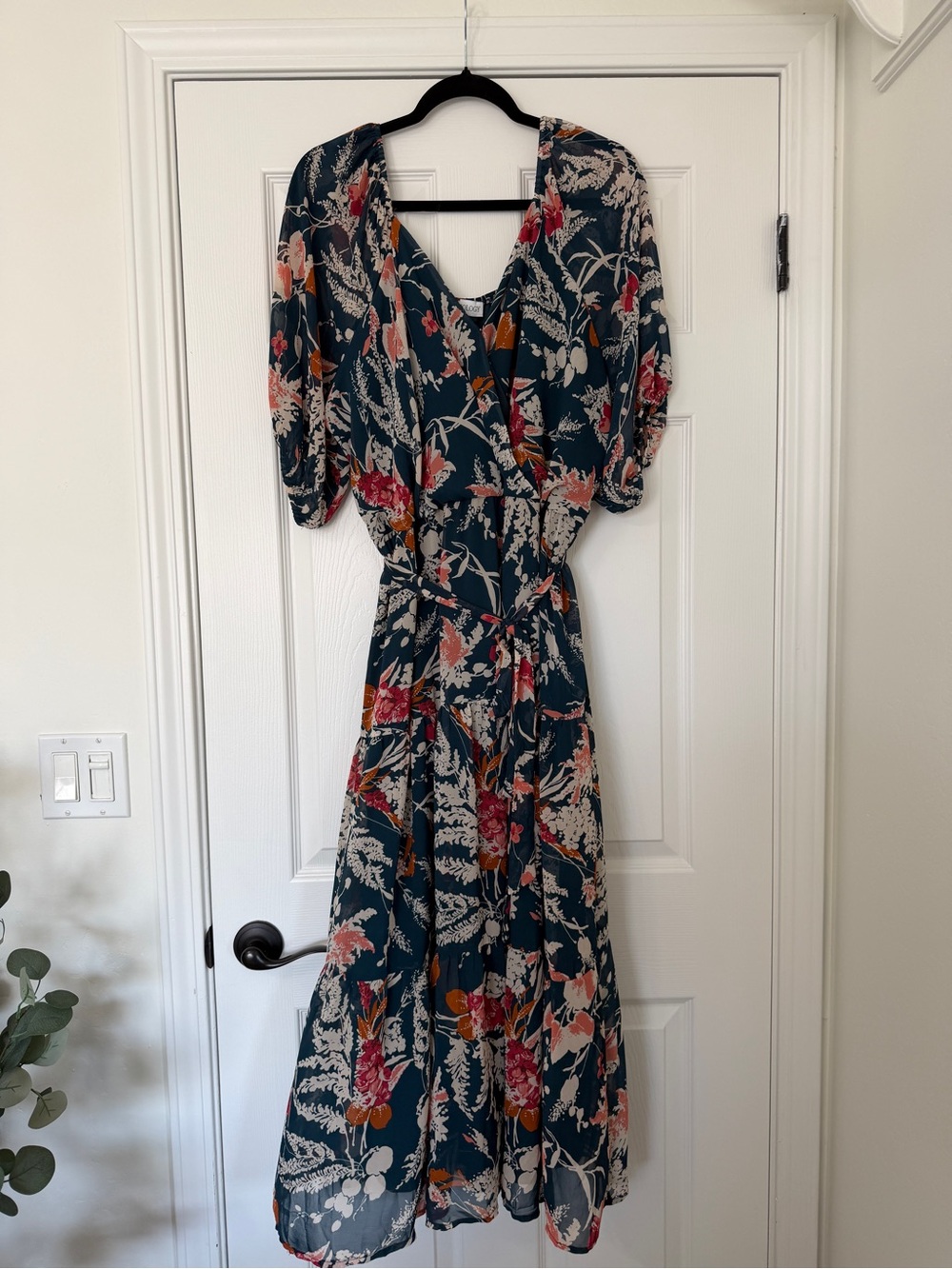 Luxology Sz 3X Teal Floral Wrap Midi Dress with Pink and Cream Blooms